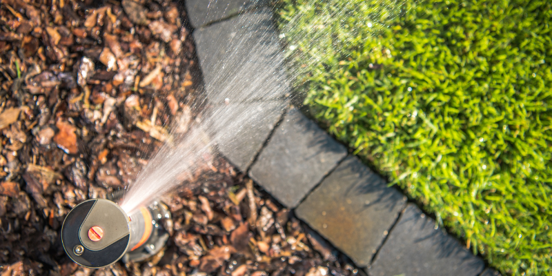 irrigation sprinkler spraying landscape border
