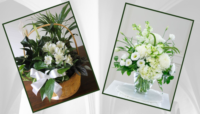 Sympathy flower arrangements with white blooms and greenery by Studley Flower Gardens