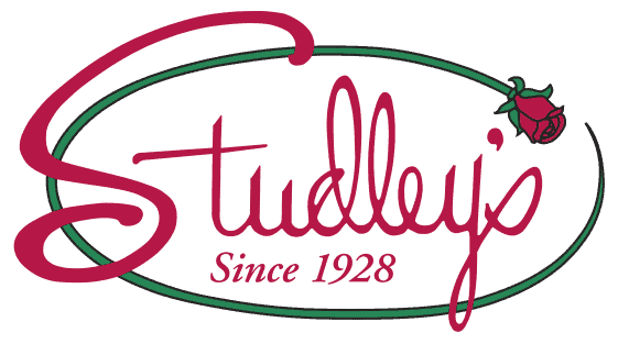 Studley Flower Gardens logo with red script and rose graphic by Studley Flower Gardens