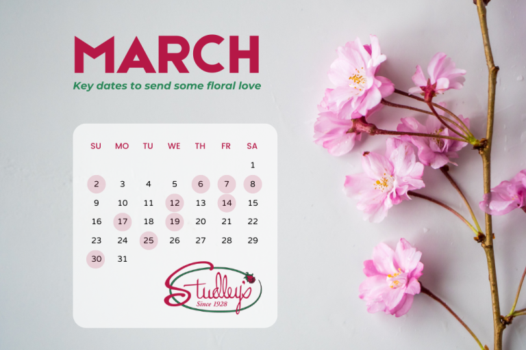 Pink blossoms beside a March calendar graphic by Studley Flower Gardens