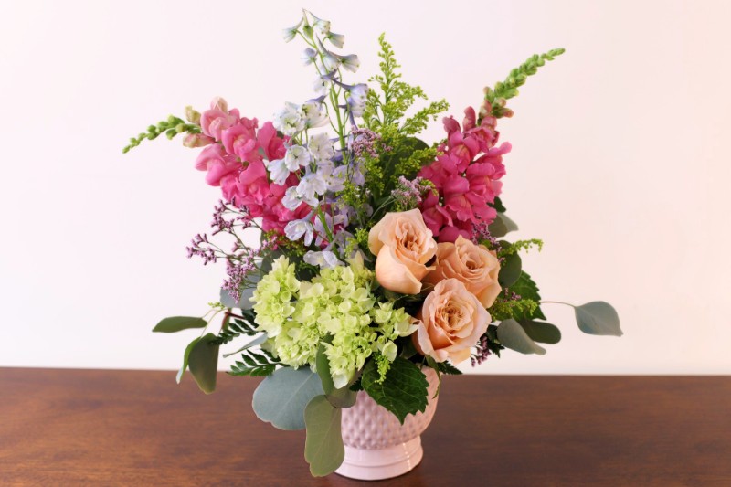 Pastel Daydream Bouquet with roses, snapdragons, and delphinium by Studley Flower Gardens