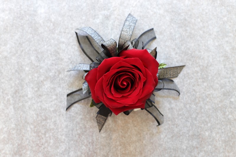 Duchess corsage with premium rose and satin ribbon by Studley Flower Gardens