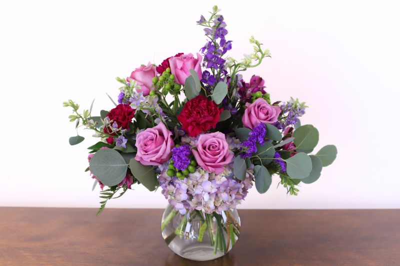 Lavender blush bouquet with roses hydrangea and eucalyptus foliage by Studley Flower Gardens