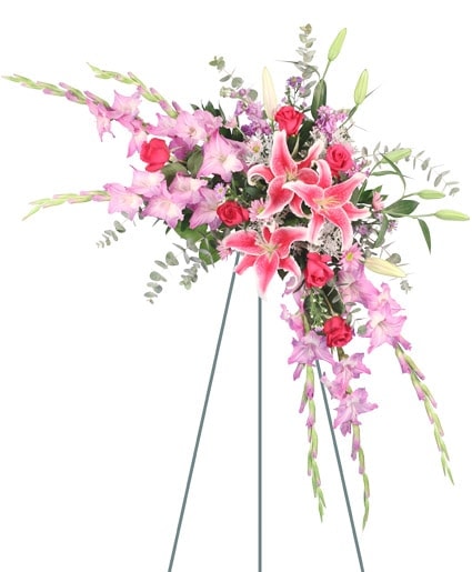 Memories Standing Spray with pink lilies and roses by Studley Flower Gardens