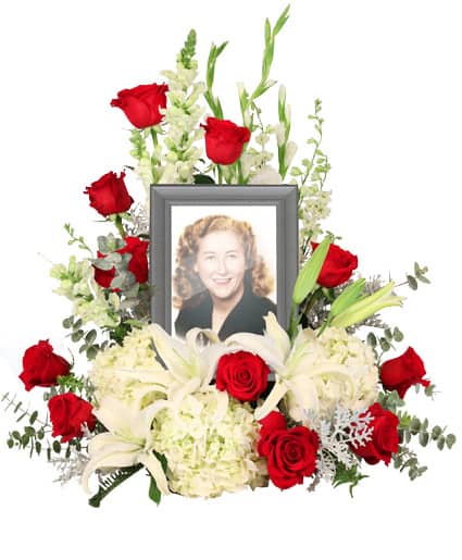 Missing You Memorial Bouquet with red and white flowers by Studley Flower Gardens