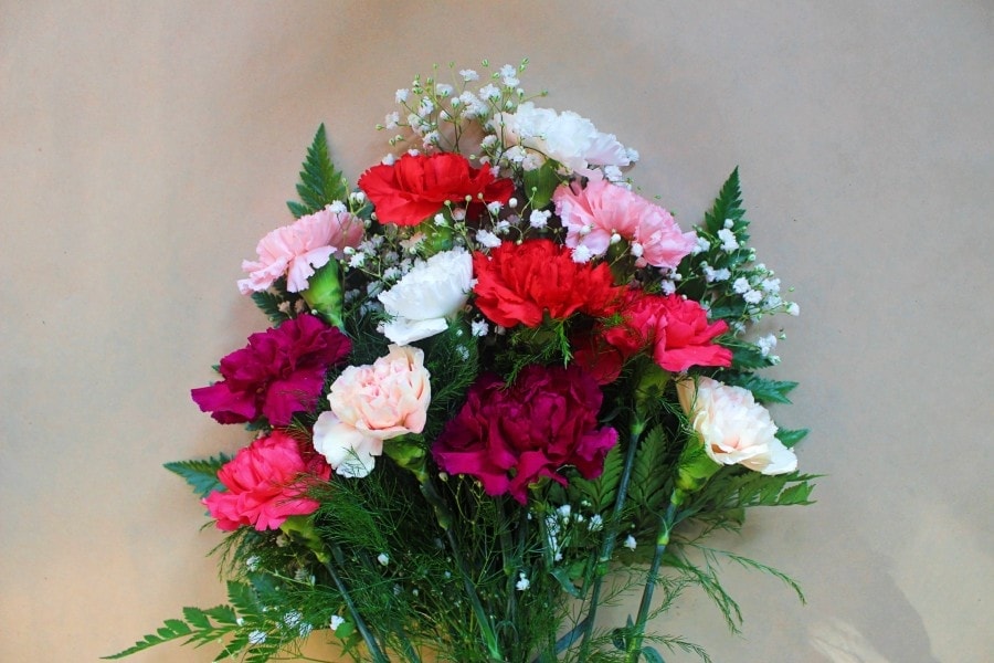 Mixed carnations wrapped bouquet with bright colors by Studley Flower Gardens