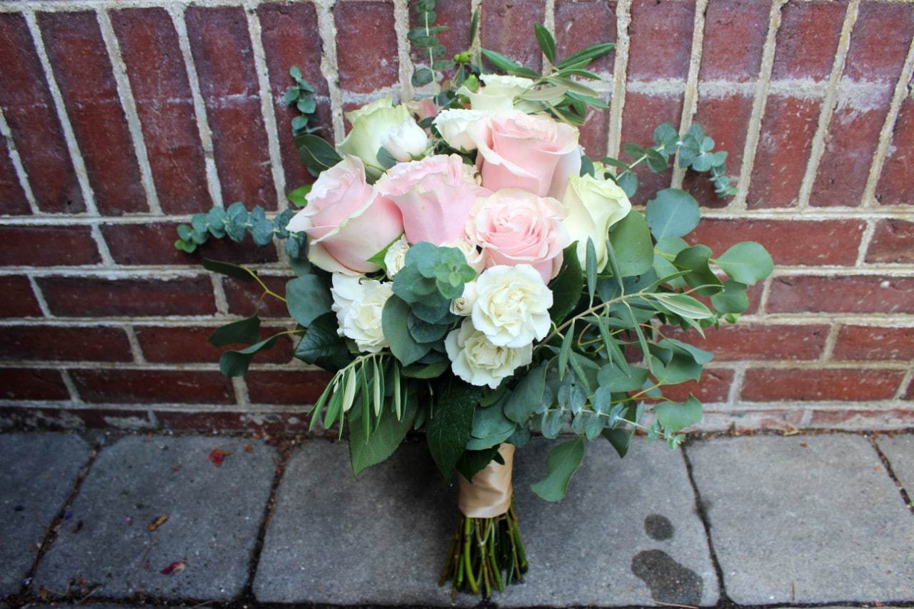 Moonlit Silk Bouquet with pink roses and silver foliage by Studley Flower Gardens