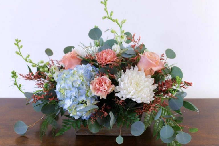 Peach Cloud Bouquet with hydrangea, roses, and chrysanthemums by Studley Flower Gardens