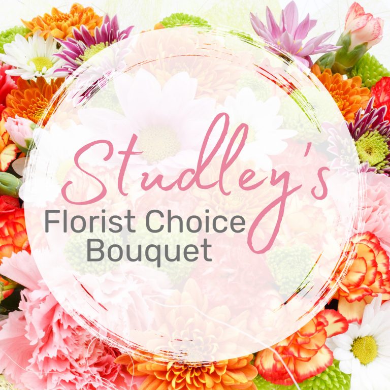 Florist Choice Bouquet by Studley’s with seasonal garden flowers in glass vase by Studley Flower Gardens