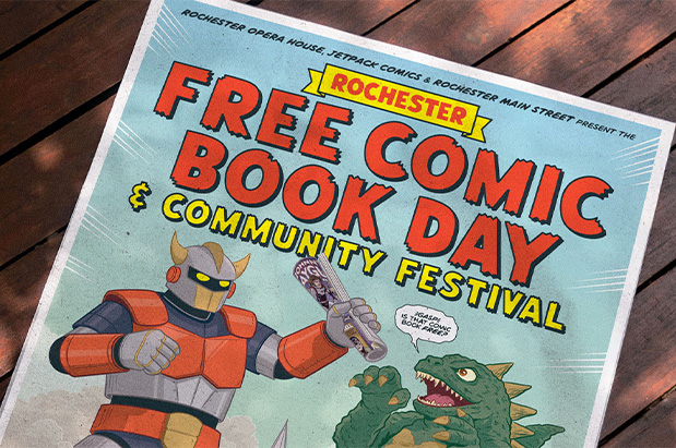 Free Comic Book Day poster with bold comic-style graphics by Studley Flower Gardens